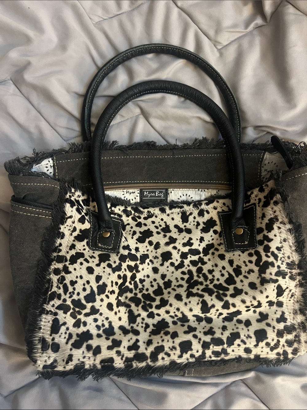 Myra Bag Black and White Spotted Cowhide Tote